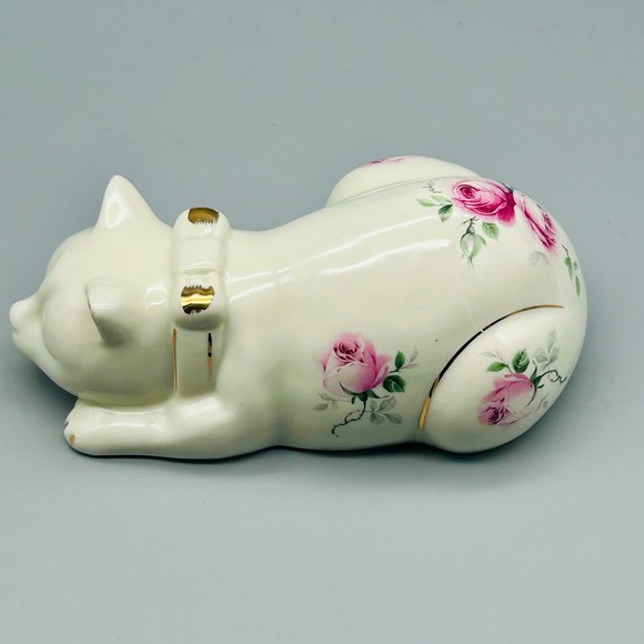 Vintage Ceramic Sleeping Cat Adorned With Pink Roses and Gold Accents 7” - Picture 6 of 9